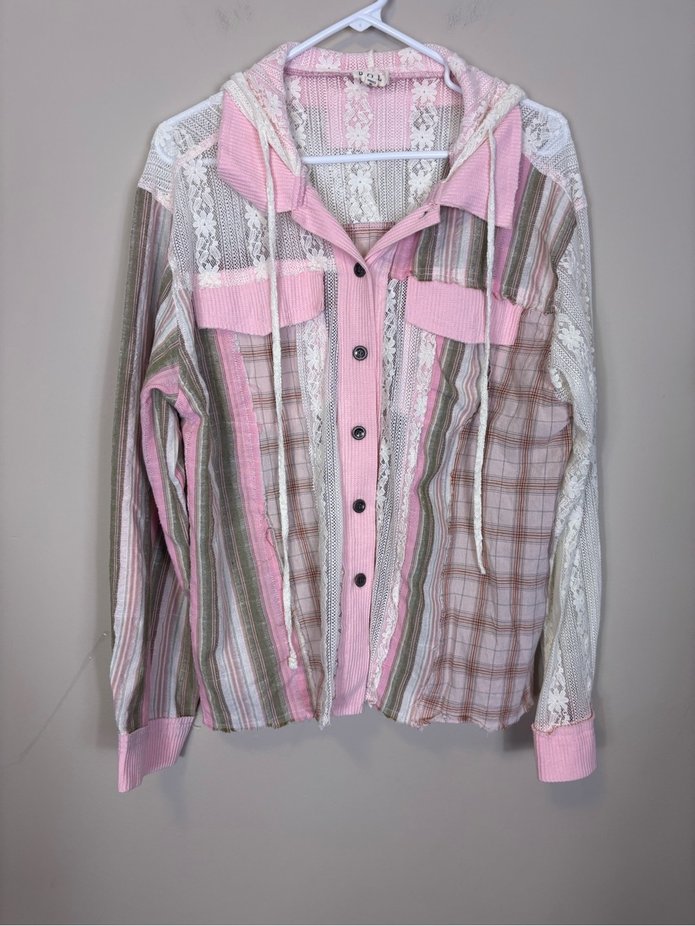 POL Pink & Green Plaid Lace Sleeve Hooded Button Front Top Medium